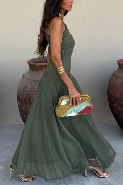 In My Arms Mesh Ruched Strapless Paneled Drape Flare Maxi Dress