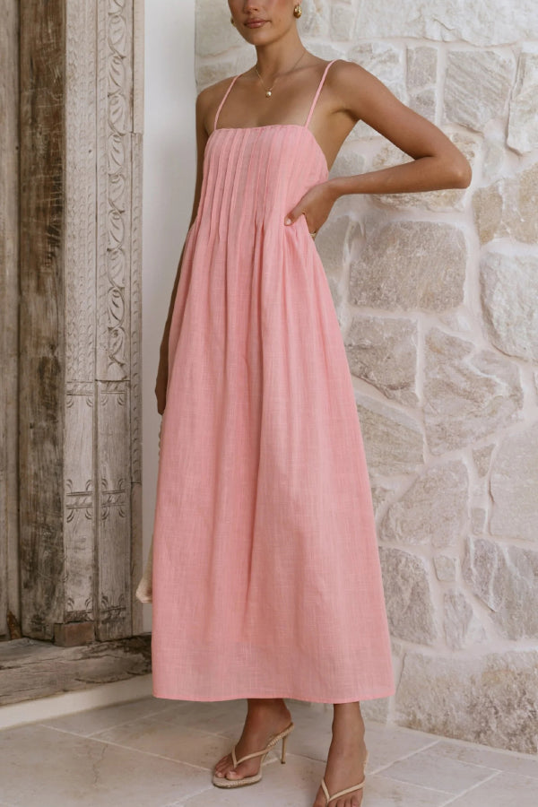 Solid Color Pleated Square Neck Suspender Casual Midi Dress