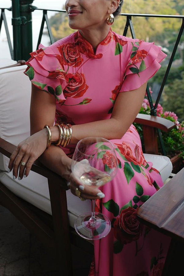 Elegant party cheongsam style rose print layered flared sleeve elastic long skirt | Consonak