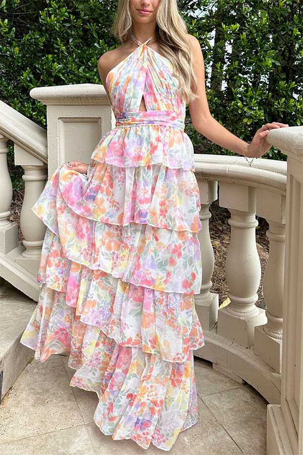 Harmony Floral Print Tiered  Ruffle Cross Halter Backless Vacation Maxi Dresses-consonak