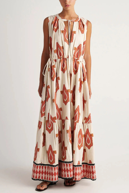 Unique Printed Round Neck Tie Sleeveless Holiday Maxi Dress
