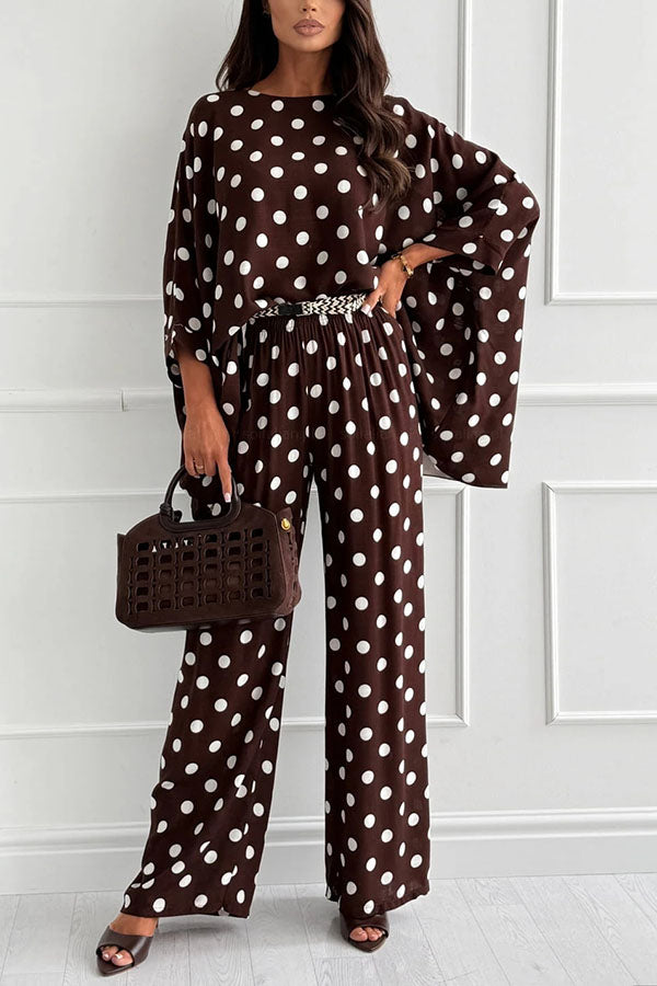 Verne Linen Blend Polka Dot Batwing Sleeve Top and Elastic Waist Pocket Loose Pants Set | Consonak