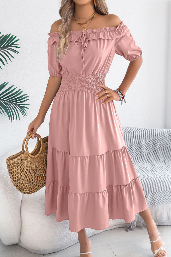 Stylish Off-shoulder Short-sleeved Pleated Waist Casual Midi Dress-consonak