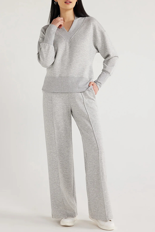 Weather Gets Cold Solid Color V-neck Top and Elastic Waist Pocketed Lounge Pants Set-consonak