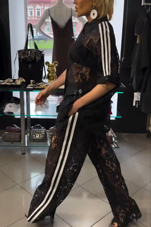 Mix Fashion Lace Striped Trim Short Sleeve Button Shirt and Elastic Waist Pocket Loose Pants Set