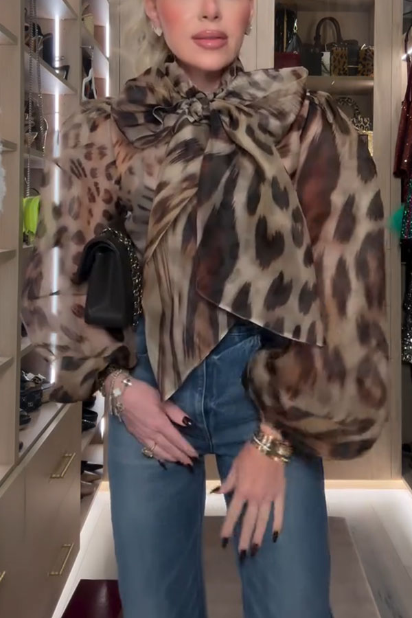 Peregrine Semi-sheer Silk Animal Print Bow Neck Balloon Sleeve Loose Blouse-consonak
