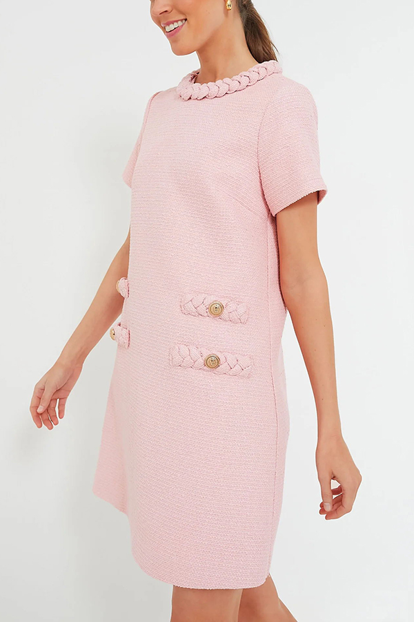 Confident and Chic Tweed Fabric Braided Trim Vintage Button Shift Mini Dress-consonak