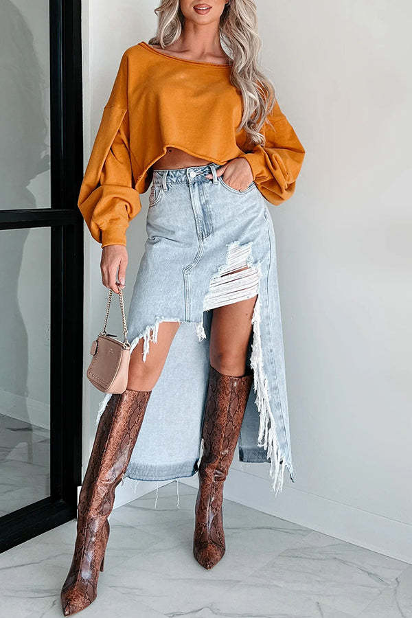 Darla Cutting Ties Heavily Distressed Denim Maxi Skirt-consonak