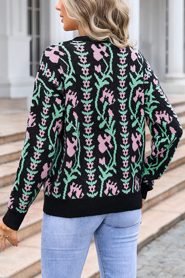 Fashionable Floral Knitted Crew Neck Casual Sweater-consonak