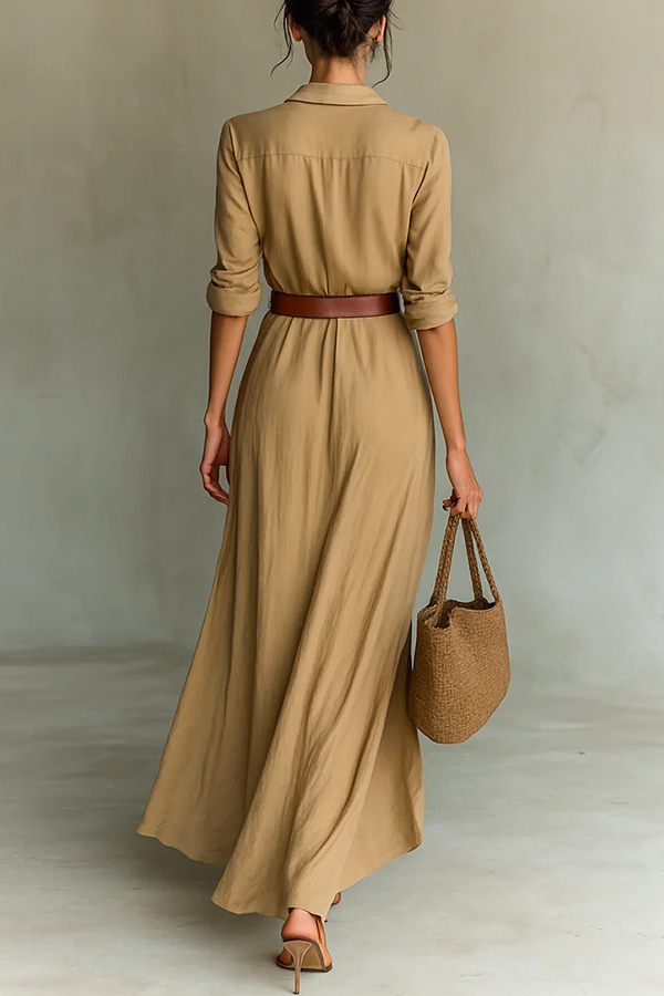 City Sleek Single Breasted Long Sleeve Warp Slit Shirt Maxi Dress | Consonak