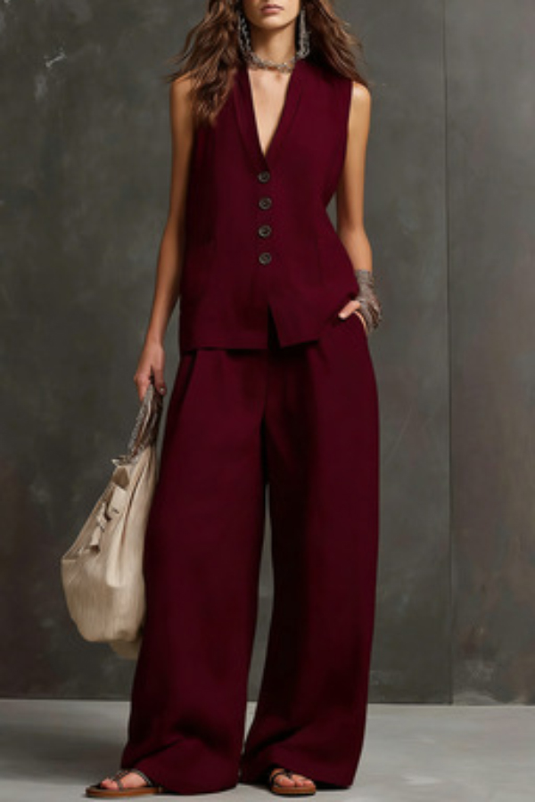 Linen Blend V-neck Sleeveless Button-down Vest and Casual Elastic Waist Pocket Wide-leg Pants Set-Consonak