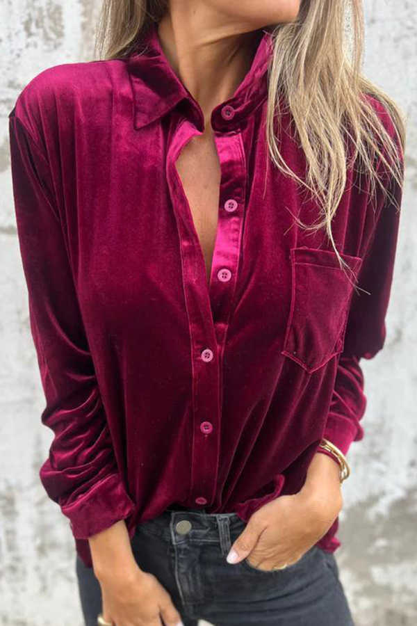 Solid Velvet Long-sleeved Single-breasted Loose Pocket Shirt-consonak