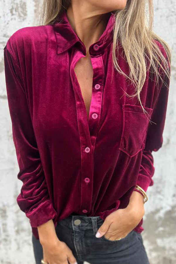 Solid Velvet Long-sleeved Single-breasted Loose Pocket Shirt-consonak