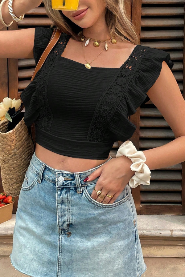 Solid Color Square Neck Lace Trim Slim-fit Cropped Top-consonak