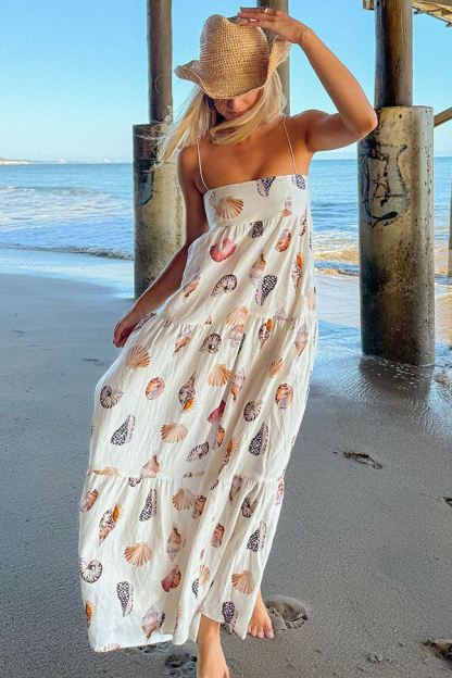 Long Weekend Linen Blend Shells Unique Print Smocked Pocket Lightweight Maxi Dress-consonak