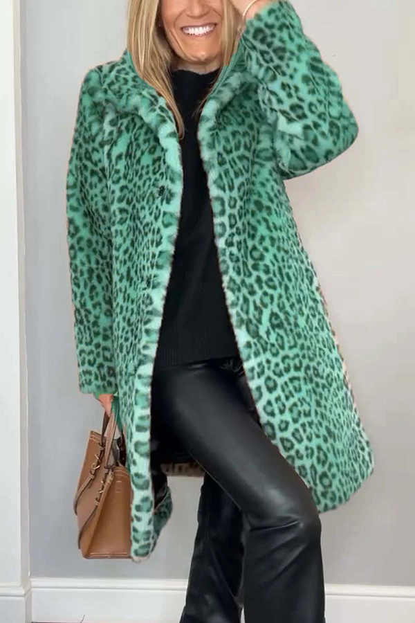 Leopard Print Lapel Long Sleeve Mid-length Plush Coat-consonak