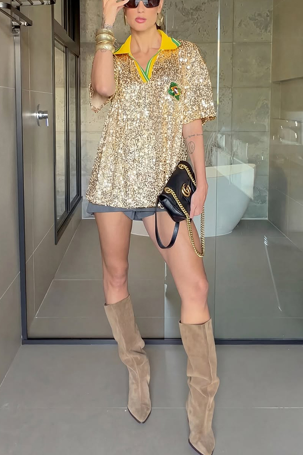 Athletic Flair Sequin Color Block Trim Short Sleeve Polo Shirt