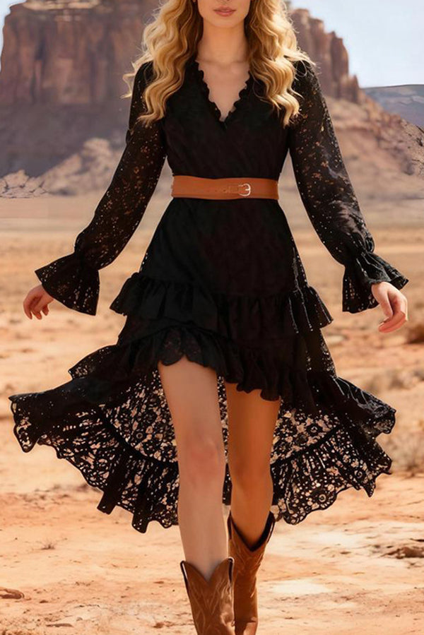 Fashionable Lace V-neck Long-sleeved Irregular Ruffle Midi Dress-consonak
