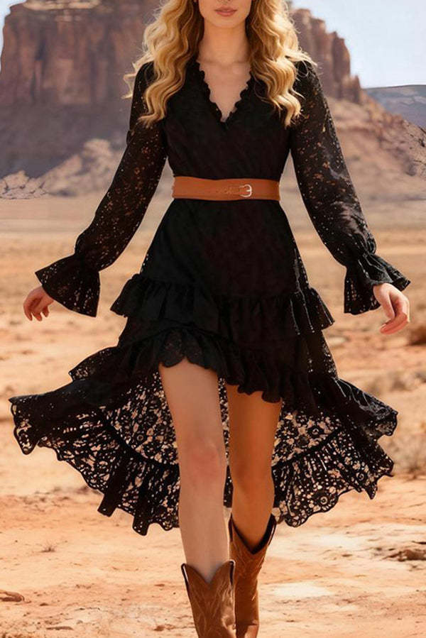 Fashionable Lace V-neck Long-sleeved Irregular Ruffle Midi Dress-consonak