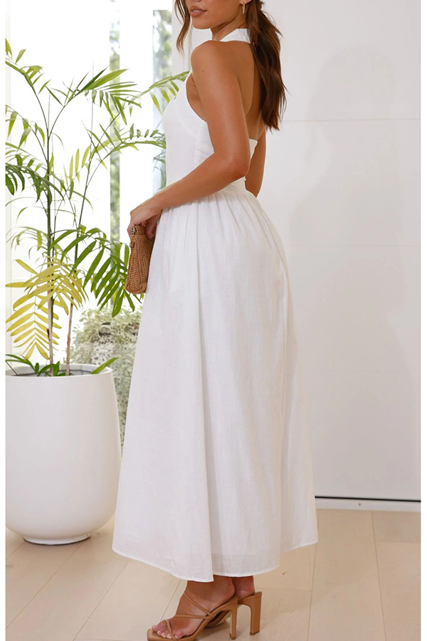 Brunch in Bali Linen Blend Halter Neck Pocketed Maxi Dress-consonak