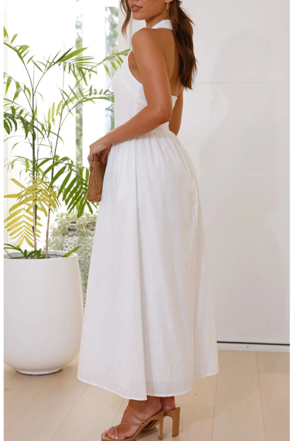 Brunch in Bali Linen Blend Halter Neck Pocketed Maxi Dress-consonak
