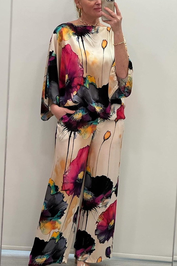 Satin Botanical Print Crew Neck Casual Top and Elastic Waist Loose Pocket Pants Set-consonak