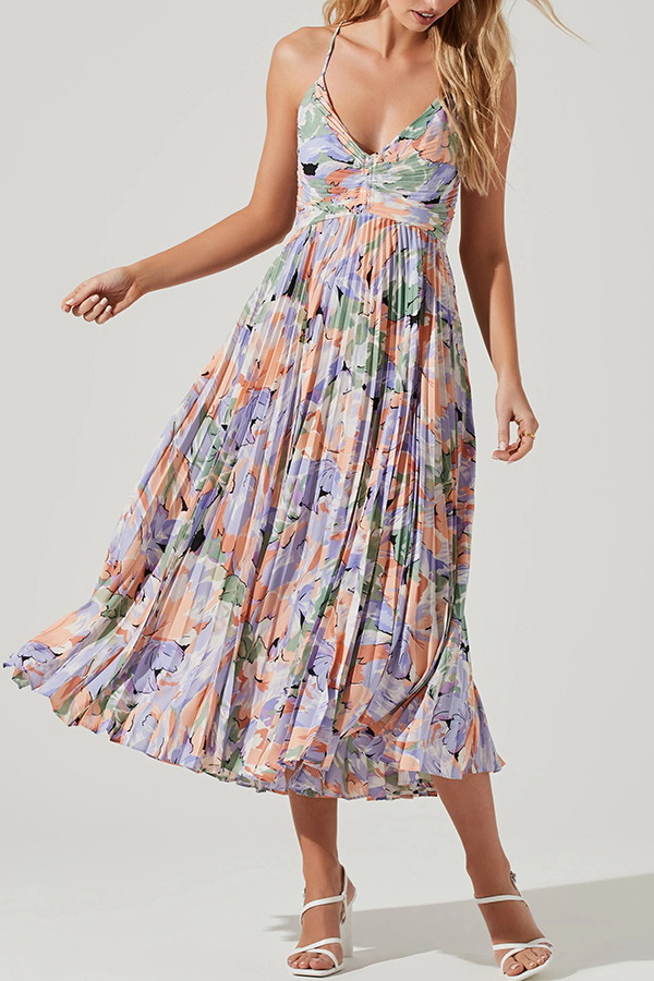Wedding Party Season Floral Print Pleated Back Tie-up Midi Dress-consonak