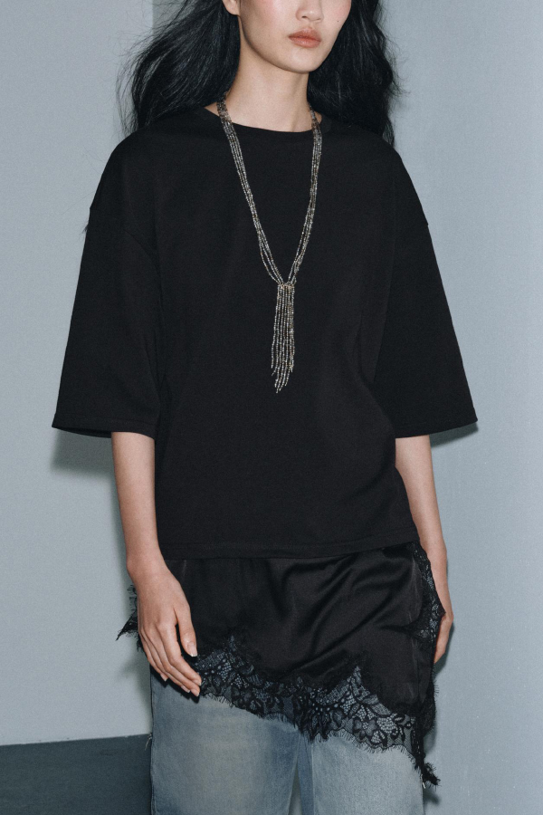 Stylish Round Neck Short-sleeved Patchwork Lace Hem Loose T-shirt-consonak