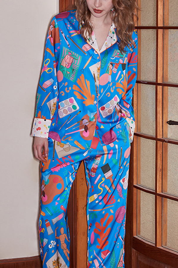 Blue Stationery Printed Home Long-sleeved Two-piece Set-consonak