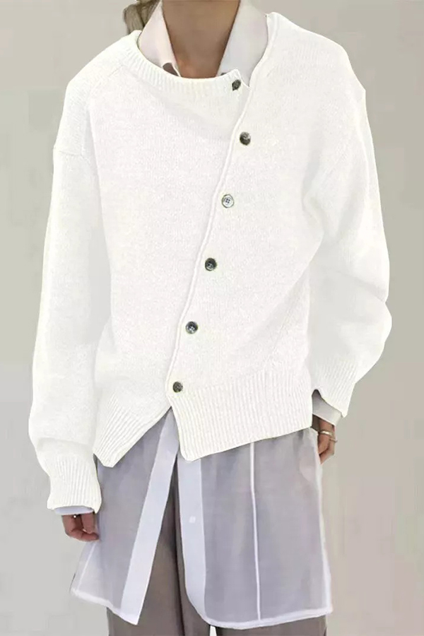 Stylish Irregular Button Knitted Crew Neck Sweater-consonak