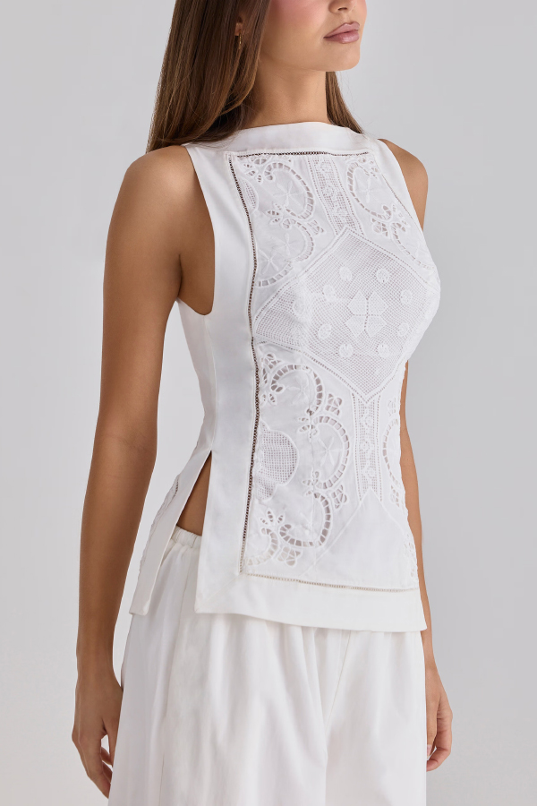 Exquisite and Beautiful Cutout Lace Embroidery Design Boat Neck Sleeveless Slit Top