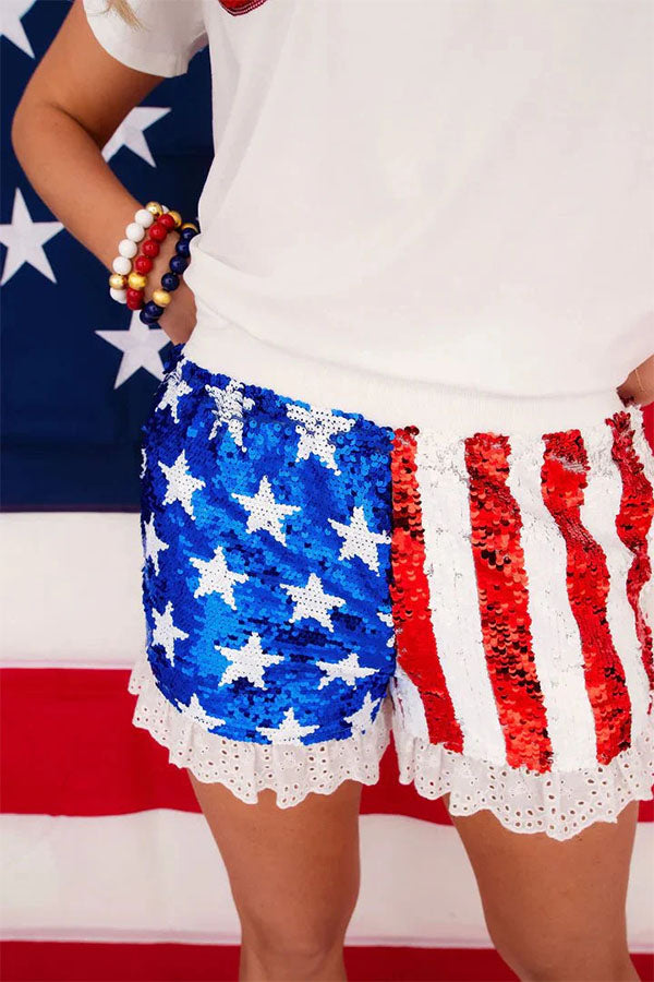 Independence Day Sparkle Shorts: Star & Stripe Sequin Detail with Lace Hem-Consonak
