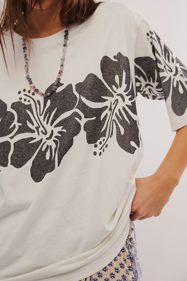 Floral Print Loose Round Neck Short Sleeve T-shirt-consonak