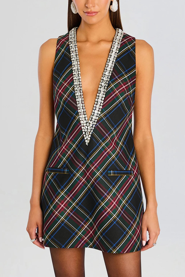 Elegant Demeanor Satin Gemstone Trim Deep V-Neck Tank H-line Mini Dress | Consonak
