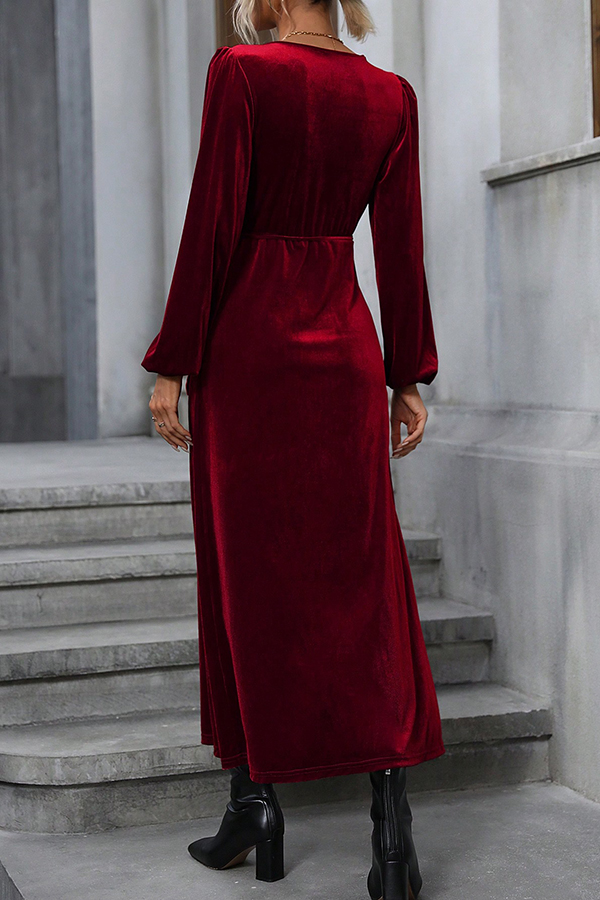 Velvet Long-sleeve V-neck Tie-waist Slit Maxi Dress-consonak