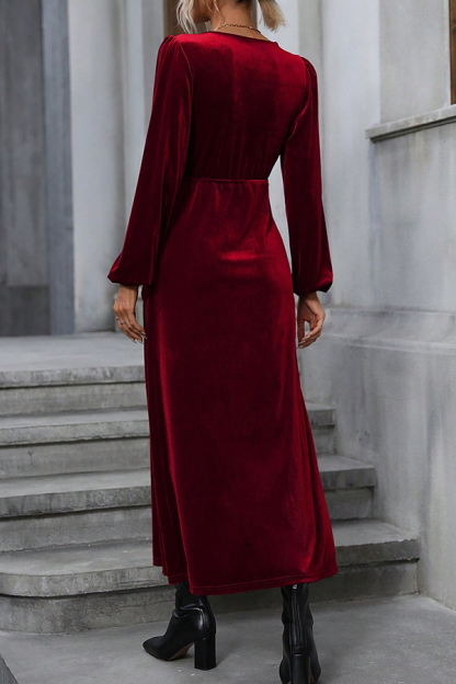 Velvet Long-sleeve V-neck Tie-waist Slit Maxi Dress-consonak