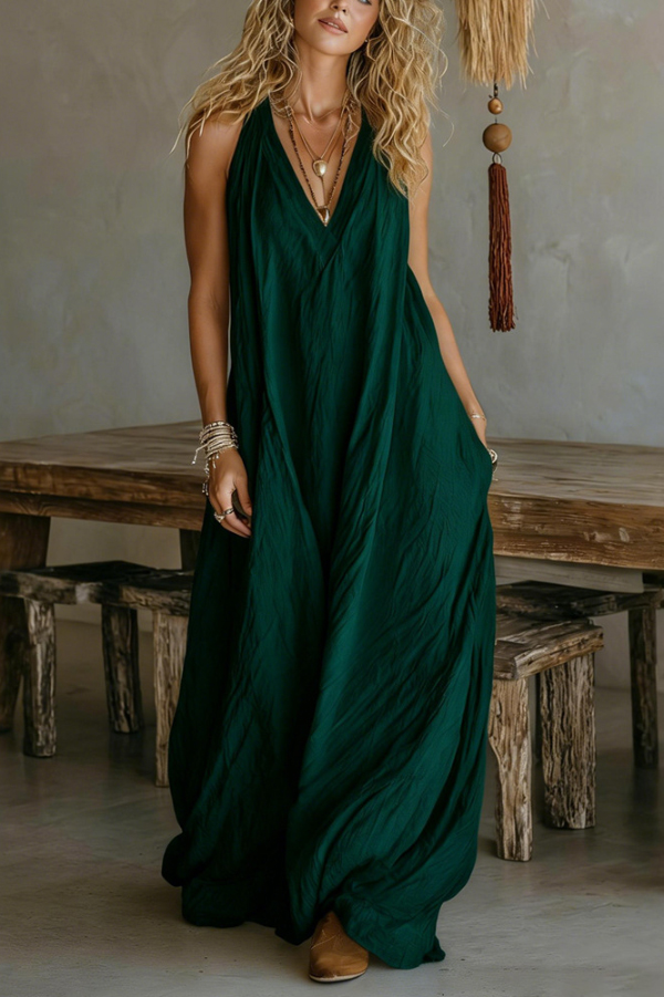 Linen Blend Solid Color Loose V-neck Sleeveless Pocket Casual Maxi Dress | Consonak