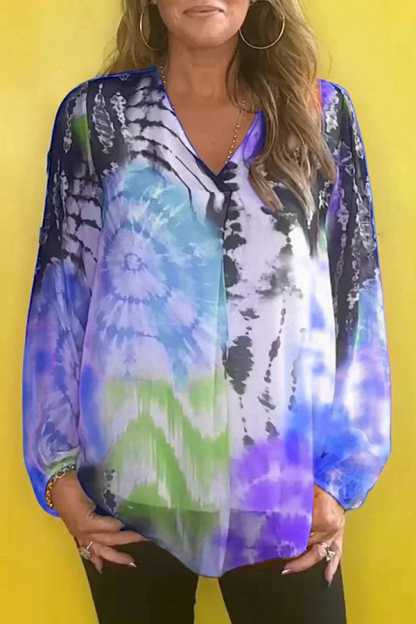 Fashionable Gradient Tie-dye V-neck Long-sleeved Casual Shirt-consonak