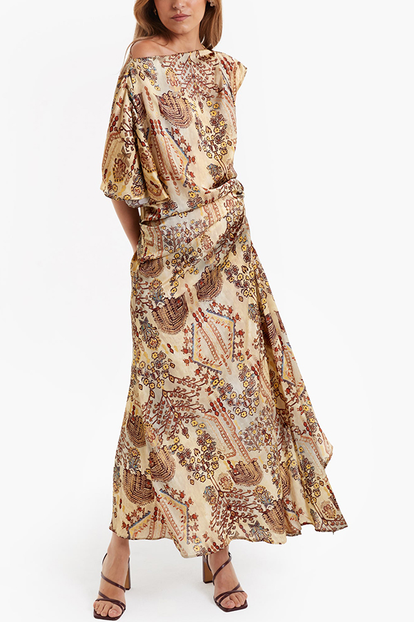 Cassie Satin Unique Print One Shoulder Ruched Waist Asymmetrical Hem Maxi Dress