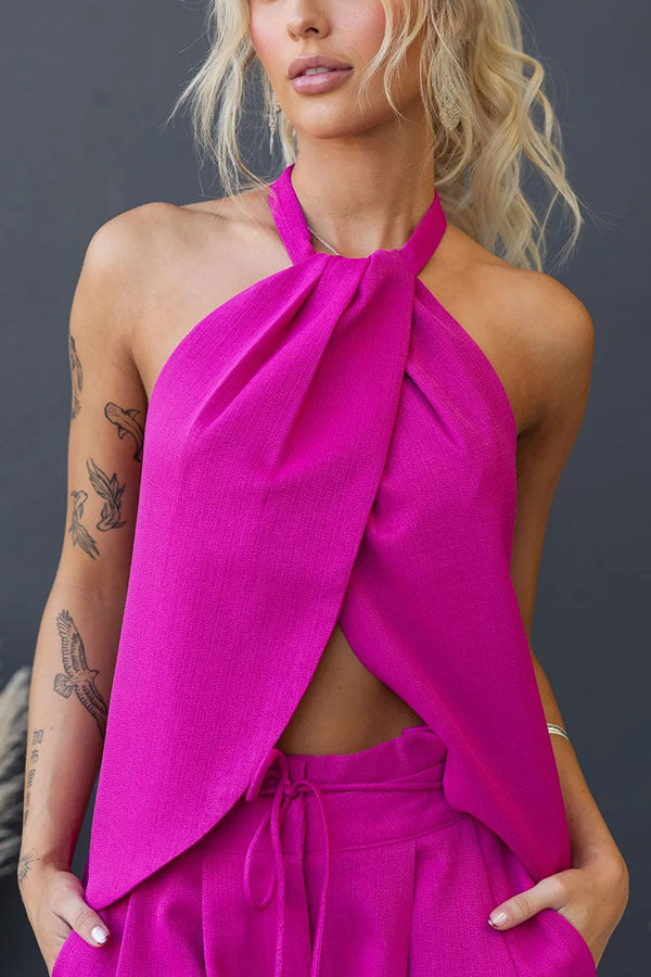 Gette Linen Blend Slit Front Top and High Rise Knoted Pocket Wide Leg Pants Set-consonak