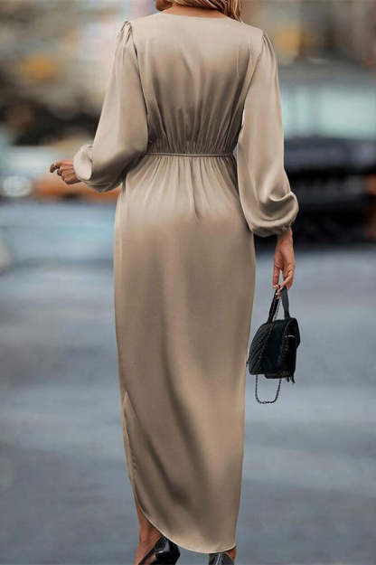 Satin V-neck Long-sleeved Slit Irregular Hem Midi Dress-consonak