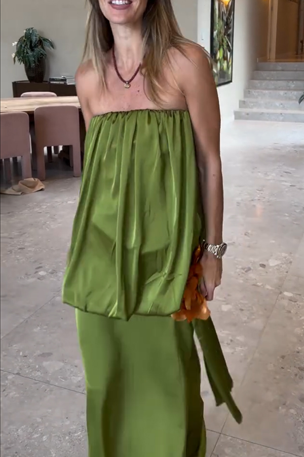 Simple Elegant Satin Voluminous Floral Detail Strapless Top and Elastic Waist Drape Maxi Skirt Set-consonak