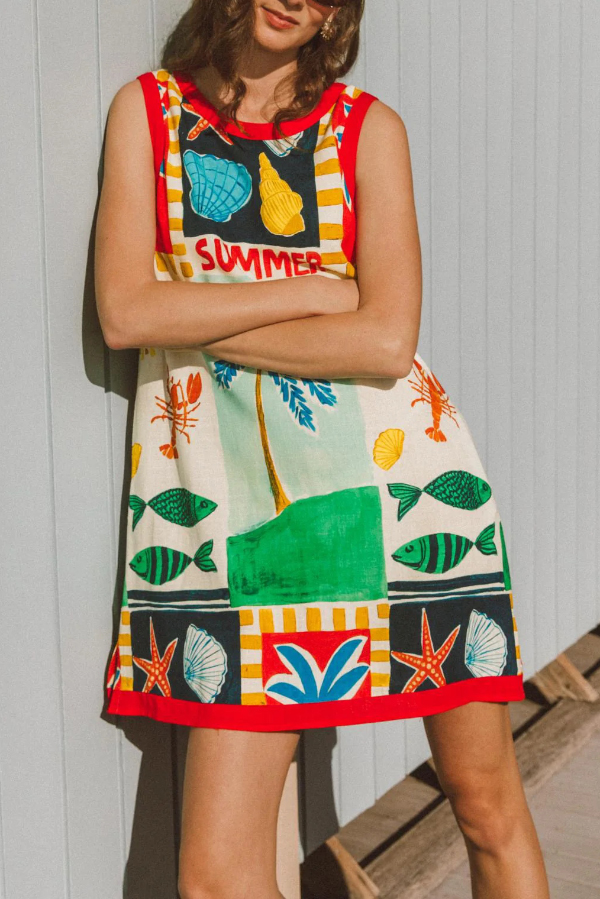 Summer-themed Printed Round Neck Sleeveless Pocket Loose Mini Dress