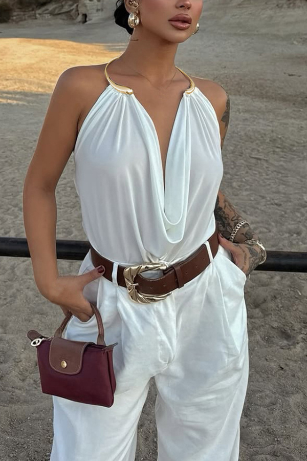 Fashionable Metal Ring Halter Neck Backless Draped Sleeveless Top