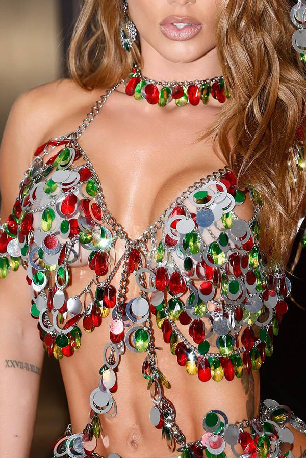 Colorful Sequined Rhinestone Top and Skirt Sets-consonak