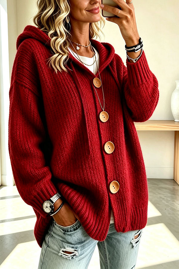 Warm Season Knit Four-button Long Sleeve Hooded Loose Cardigan-Consonak