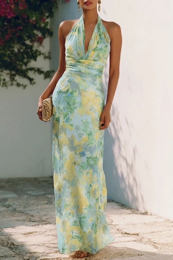 Lauria Chiffon Floral Print Ruched Waist Halter Tie-up Neck Backless Maxi Dress-consonak