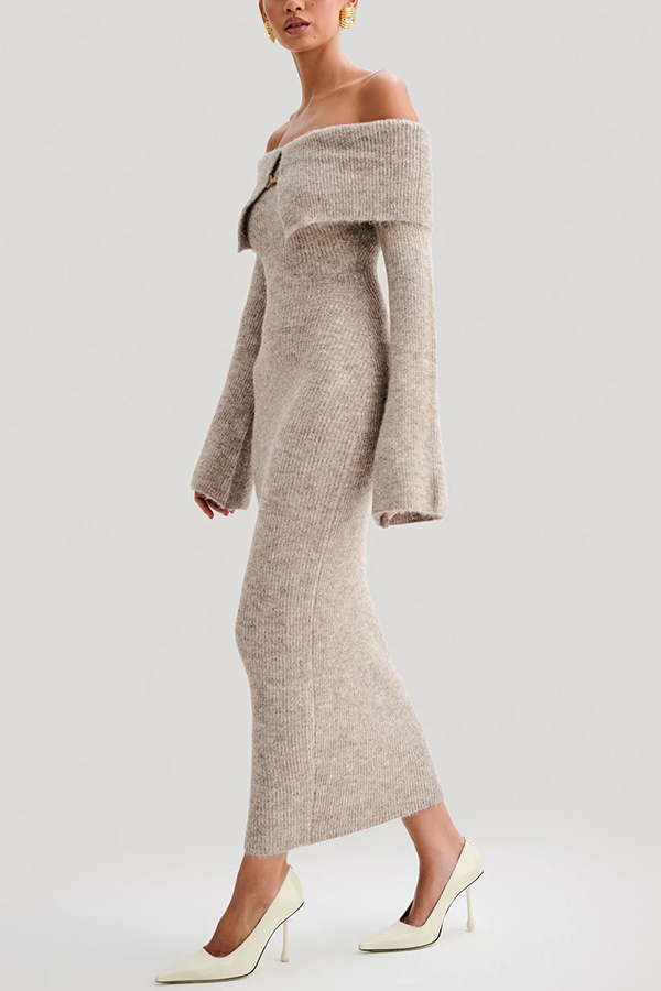 Solid Color Off-shoulder Long-sleeved Elegant Slim-fit Knit Maxi Dress-consonak