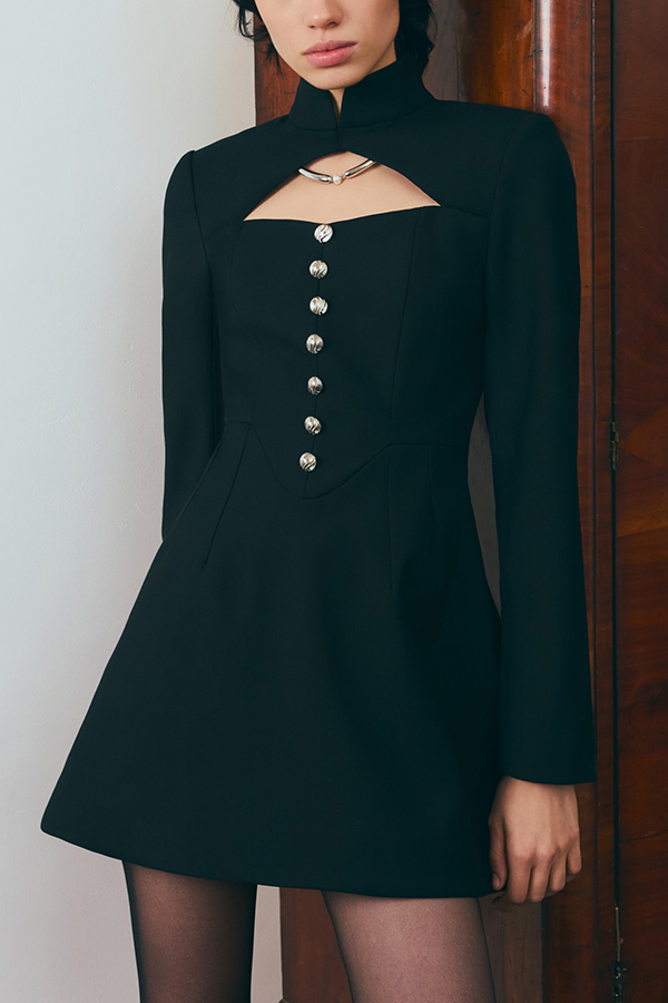 Elegant Long-sleeved Hollowed-out Button-down Slim-fit Mini Dress-consonak