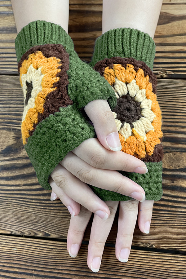 Knitted Sunflower Warm Half Finger Wool Gloves-consonak
